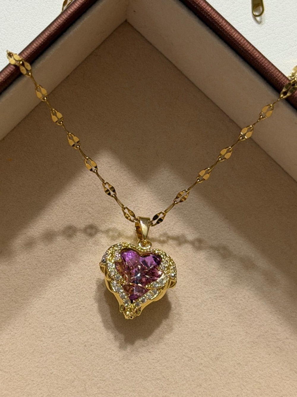 Golden Pink Zirconia Ocean Heart Stainless Steel Stamped Necklace Chain